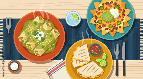 An appetizing flat design illustration showcasing a delicious spread of traditional Mexican dishes like enchiladas, nachos, and quesadillas for Cinco de Mayo. 