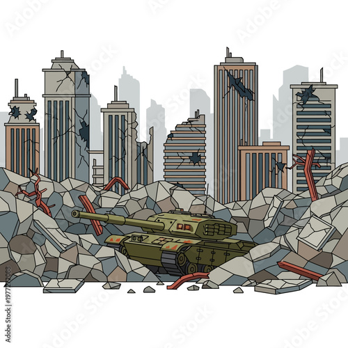 Destroyed Cityscape with Tank Amidst Rubble, Post-Apocalyptic Scene