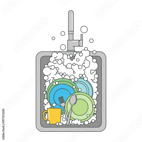 Kitchen sink full of dirty dishes and soap bubbles, faucet running