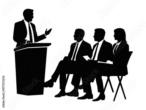 Silhouette of a businessman at podium speaking, professional audience at a corporate seminar or conference