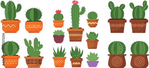 Cactus and succulent plant collection in decorative pots cartoon vector illustration set of desert houseplants isolated on light background