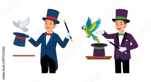 Two smiling magicians perform illusions with birds and classic top hats