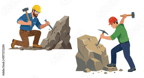 Two miners breaking rocks with hammers and picks cartoon illustration