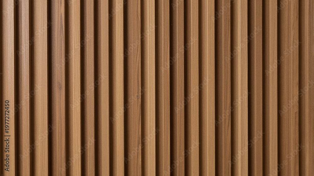 Obraz premium Vertical wooden slat wall with warm brown tones and natural grain patterns, creating a textured backdrop.