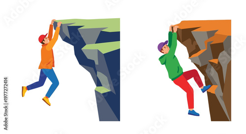 Two rock climbers scaling different colored cliff faces
