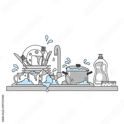 Overflowing Kitchen Sink Full of Dirty Dishes and Soapy Bubbles, Cleaning Supplies Nearby