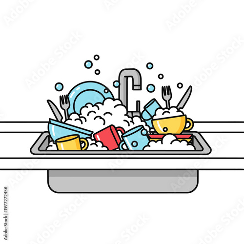 Pile of Dirty Dishes in Kitchen Sink with Soap Suds and Bubbles