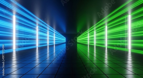 Futuristic blue and green laser light tunnel corridor background