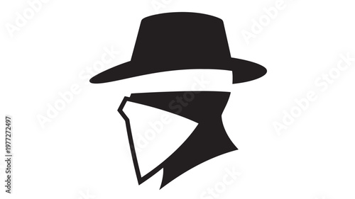 Hat and scarf silhouette, minimalist black icon for mystery and disguise on a clean white background, symbolizing secrecy