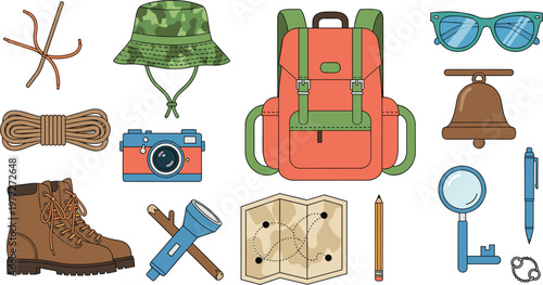 Camping and hiking gear collection vector illustration with backpack, map, boots and outdoor equipment, adventure travel set for nature exploration and tourism design