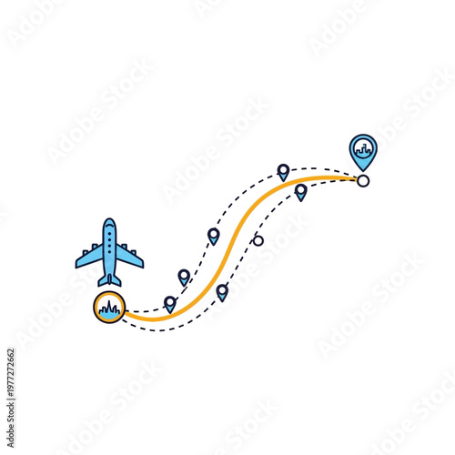 Airplane Flight Path with Location Pins and Cityscape Icons