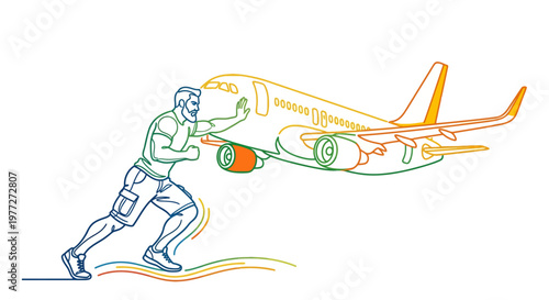 Man appears to push an airplane in a colorful line art illustration