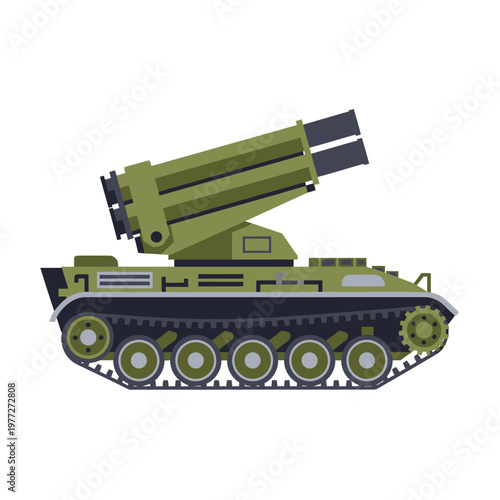 Military rocket launcher vehicle, armored vehicle with missile system, flat design