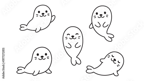 Seals cute simple line art collection with five adorable sea mammals in various playful poses, isolated on white.