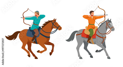 Two horse archers drawing bows while riding in a dynamic scene