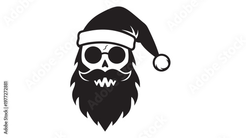 Skull with Santa hat, sunglasses, and beard, rendered in a stark black and white silhouette style. featuring mustache, grimace, teeth with Christmas