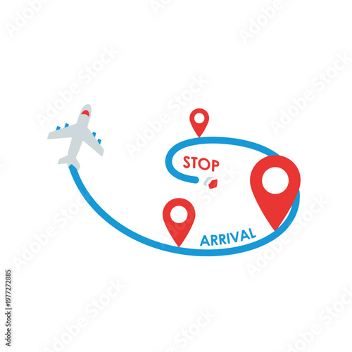 Airplane route with map pins showing journey stops and arrival destination