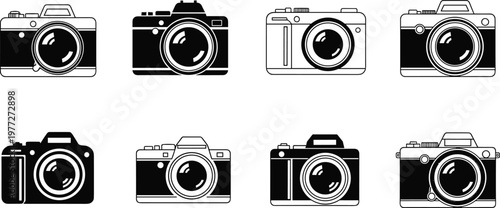 Camera icons collection vector illustration with different styles, black and white photography equipment set for design, media, technology and creative projects