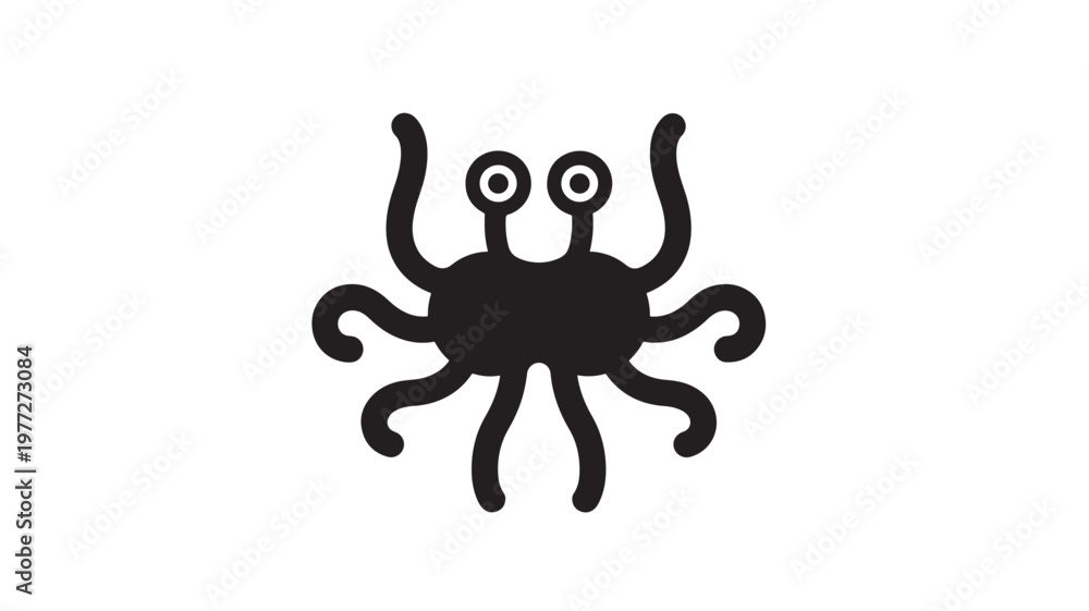 Fototapeta premium Flying Spaghetti Monster icon with black tentacles and bulging eyes on a white background, simplified clip art representation.
