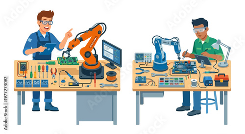 Engineers collaborating with robotic arms in an electronics workshop setting