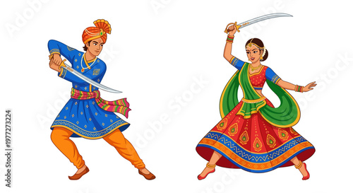 Indian warriors in traditional attire demonstrate swordsmanship and dance