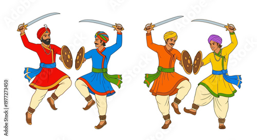 Four indian men performing a traditional dance with swords and shields