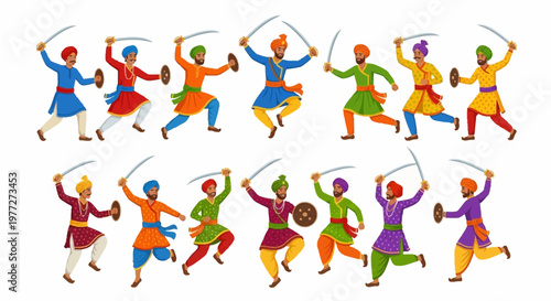 Rajasthani men performing ghoomar dance with swords and shields