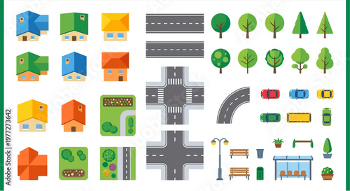 Colorful flat vector set depicting buildings roads trees and city elements