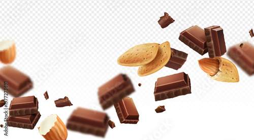 Chocolate bar pieces flying in air and almond nuts . Realistic 3d vector illustration set of dark brown cocoa sweet dessert. Square black or milk choco candy chunk. Cocoa candy bar broken slices