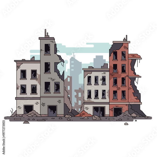 Ruined cityscape with damaged buildings and debris, post-apocalyptic urban landscape.