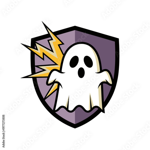 Scared Ghost Shield Icon with Lightning Bolt - Spooky Halloween Mascot Logo