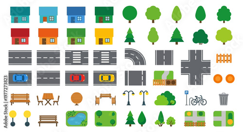 Colorful vector set depicting buildings roads trees and city elements