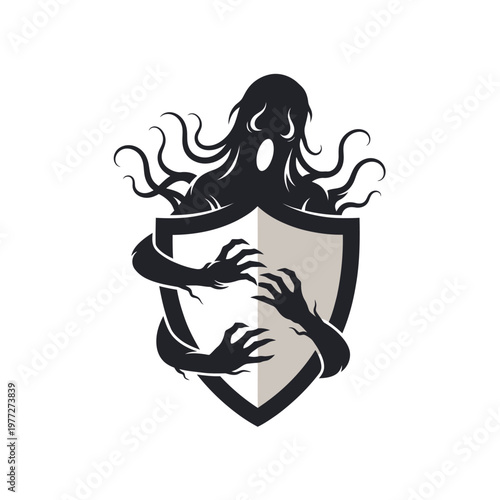 Scary Ghost Monster Hugging Shield Logo, Dark Fantasy Creature, Horror, Protection Concept