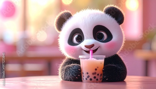 Cute Panda Drinking Strawberry Bubble Tea in Cozy Cafe Scene
