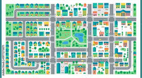 An aerial view illustration of a colorful planned urban cityscape