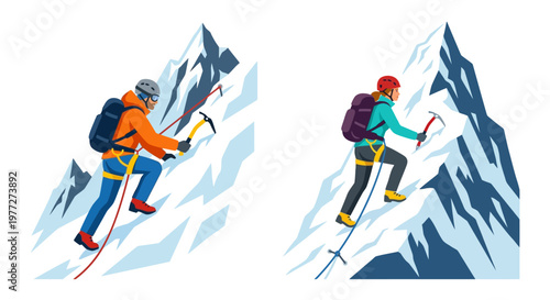 Two mountaineers ascending a steep snowy mountain slope with ice axes