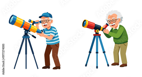 Two elderly men happily observing the stars with telescopes