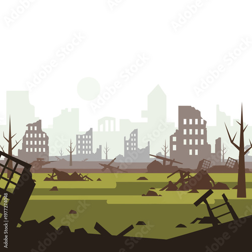 Apocalyptic Cityscape: Destroyed Buildings, Ruined Landscape, Post-War Scene