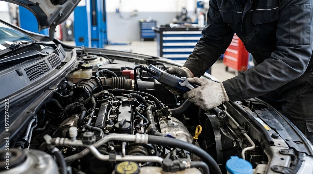 Fototapeta premium Mechanic performing maintenance on a car engine in an auto repair workshop
