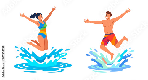 Joyful couple jumping into water with splashing waves and excitement