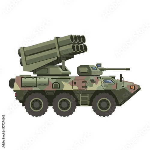 Camouflaged Armored Rocket Launcher Vehicle on White Background