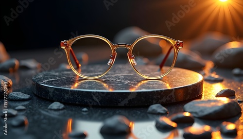 Eyewear with Warm Bokeh Lights,  Creative Product Shot of Transparent Frame Glasses, Luxury Eyewear with Cinematic Lighting Effects