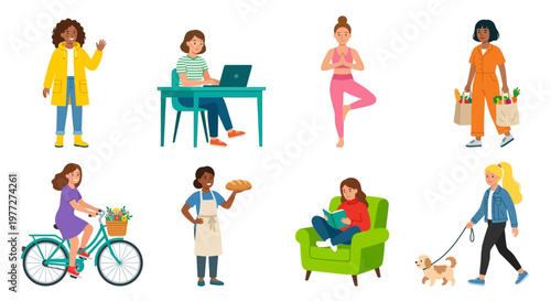 Diverse women engaging in various daily activities and hobbies