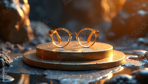 Eyewear with Warm Bokeh Lights,  Creative Product Shot of Transparent Frame Glasses, Luxury Eyewear with Cinematic Lighting Effects