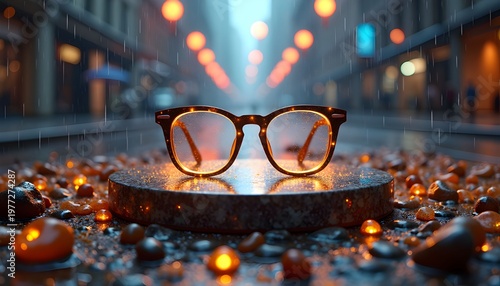 Eyewear with Warm Bokeh Lights,  Creative Product Shot of Transparent Frame Glasses, Luxury Eyewear with Cinematic Lighting Effects