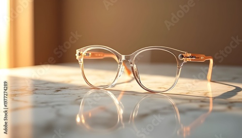 Eyewear with Warm Bokeh Lights,  Creative Product Shot of Transparent Frame Glasses, Luxury Eyewear with Cinematic Lighting Effects