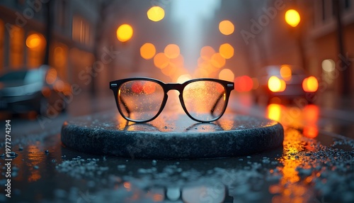 Eyewear with Warm Bokeh Lights,  Creative Product Shot of Transparent Frame Glasses, Luxury Eyewear with Cinematic Lighting Effects