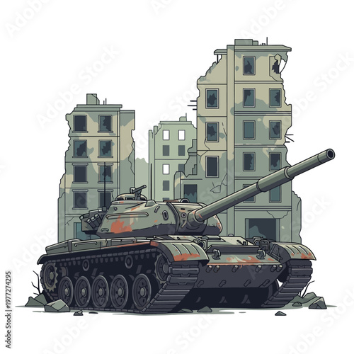 Battle-worn tank in front of destroyed city buildings, conflict aftermath illustration