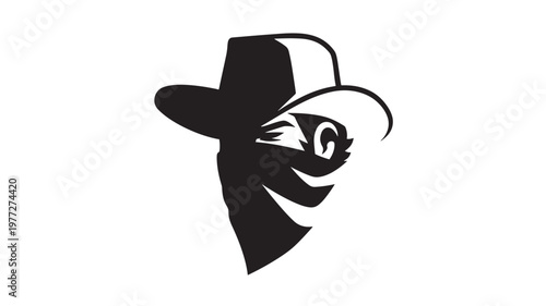 Hat silhouette with cartoon-like eye and smiling mouth, a mischievous character with sharp lines, stylized for logo or emblem design.