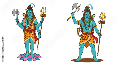 Lord shiva depicted with weapons and ornaments in two distinct poses